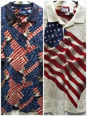 2 Patriotic USA Polo Shirts Mens XL American Flag Eagle Stars & Stripes